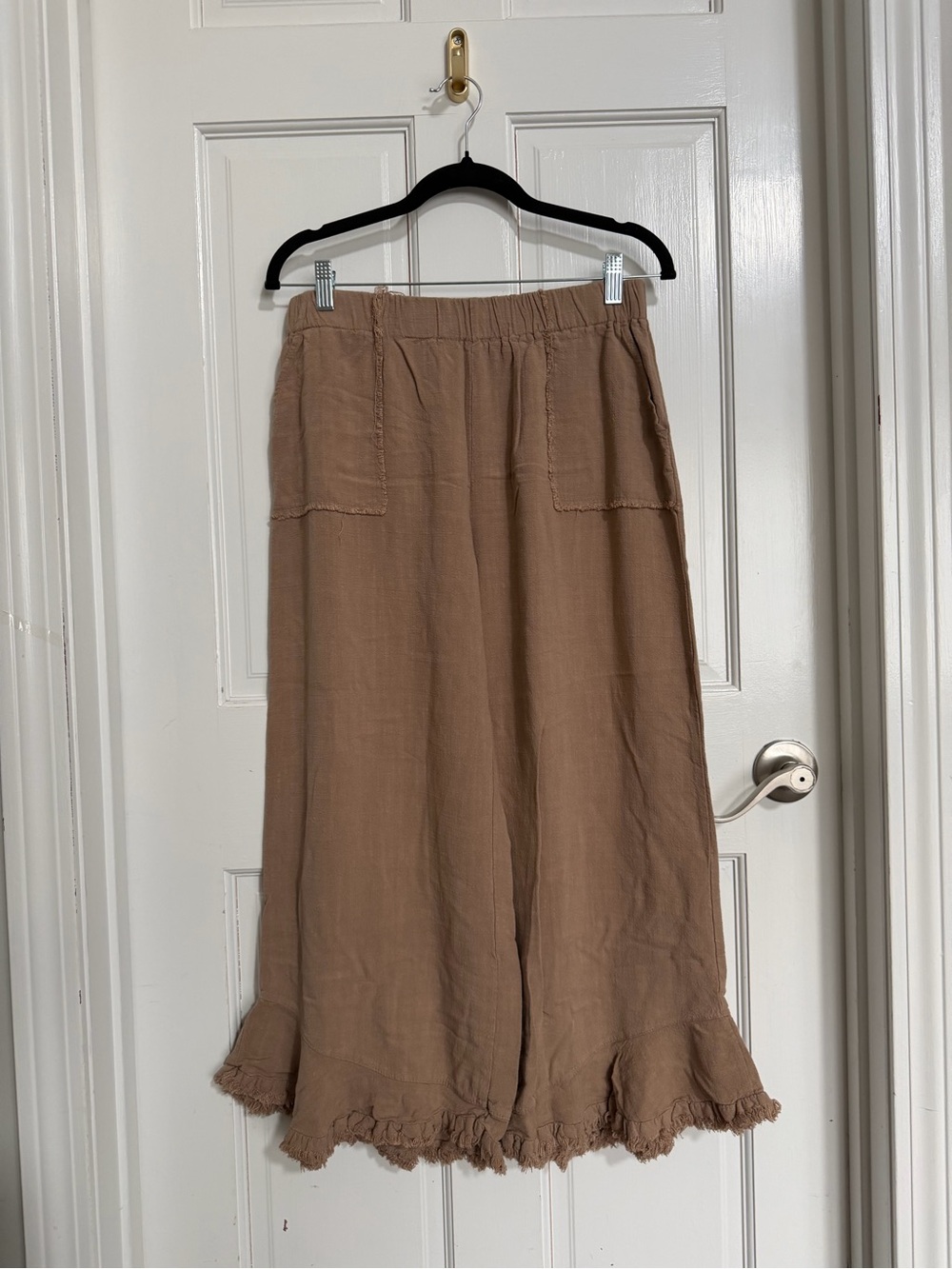 Boutique Umgee Linen Blend Cropped Frayed Wide Leg Boho Pants Khaki Taupe Size M - Picture 2 of 7